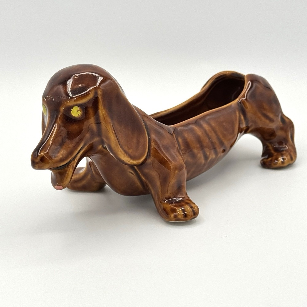 Vintage Ceramic Dachshund Wiener Dog Planter Brown Figurine MCM Style 8.5"